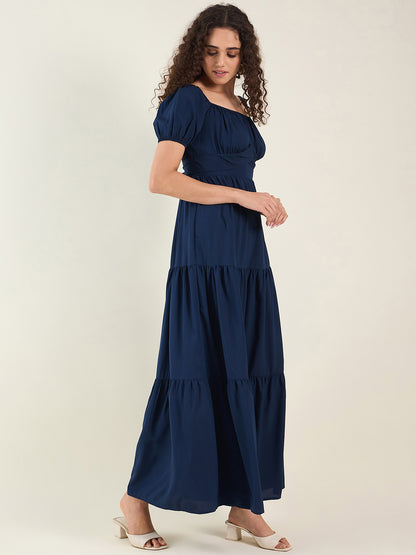 Puff Sleeve Square Neck Tie-Waist Maxi Dress