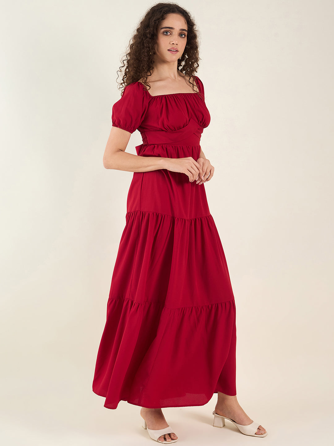 Puff Sleeve Square Neck Tie-Waist Maxi Dress
