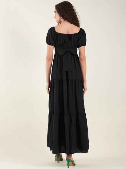 Puff Sleeve Square Neck Tie-Waist Maxi Dress