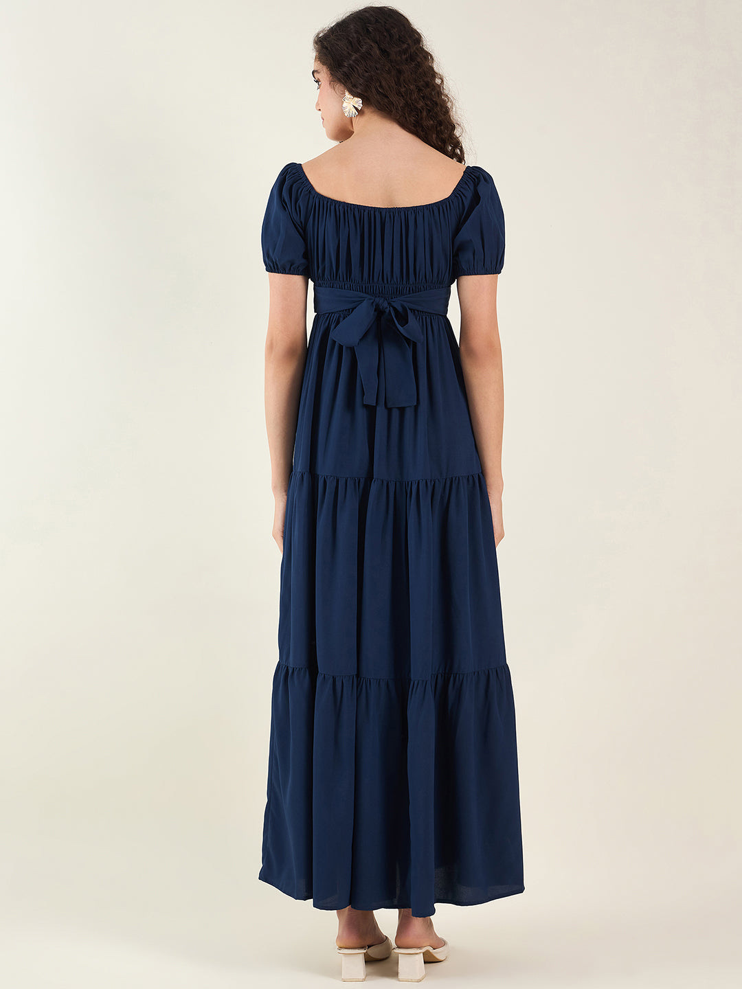 Puff Sleeve Square Neck Tie-Waist Maxi Dress