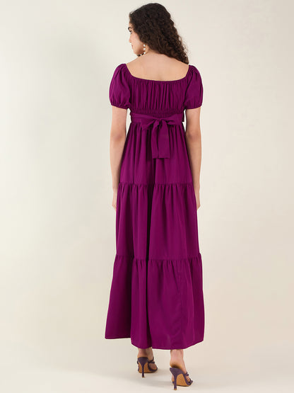 Puff Sleeve Square Neck Tie-Waist Maxi Dress
