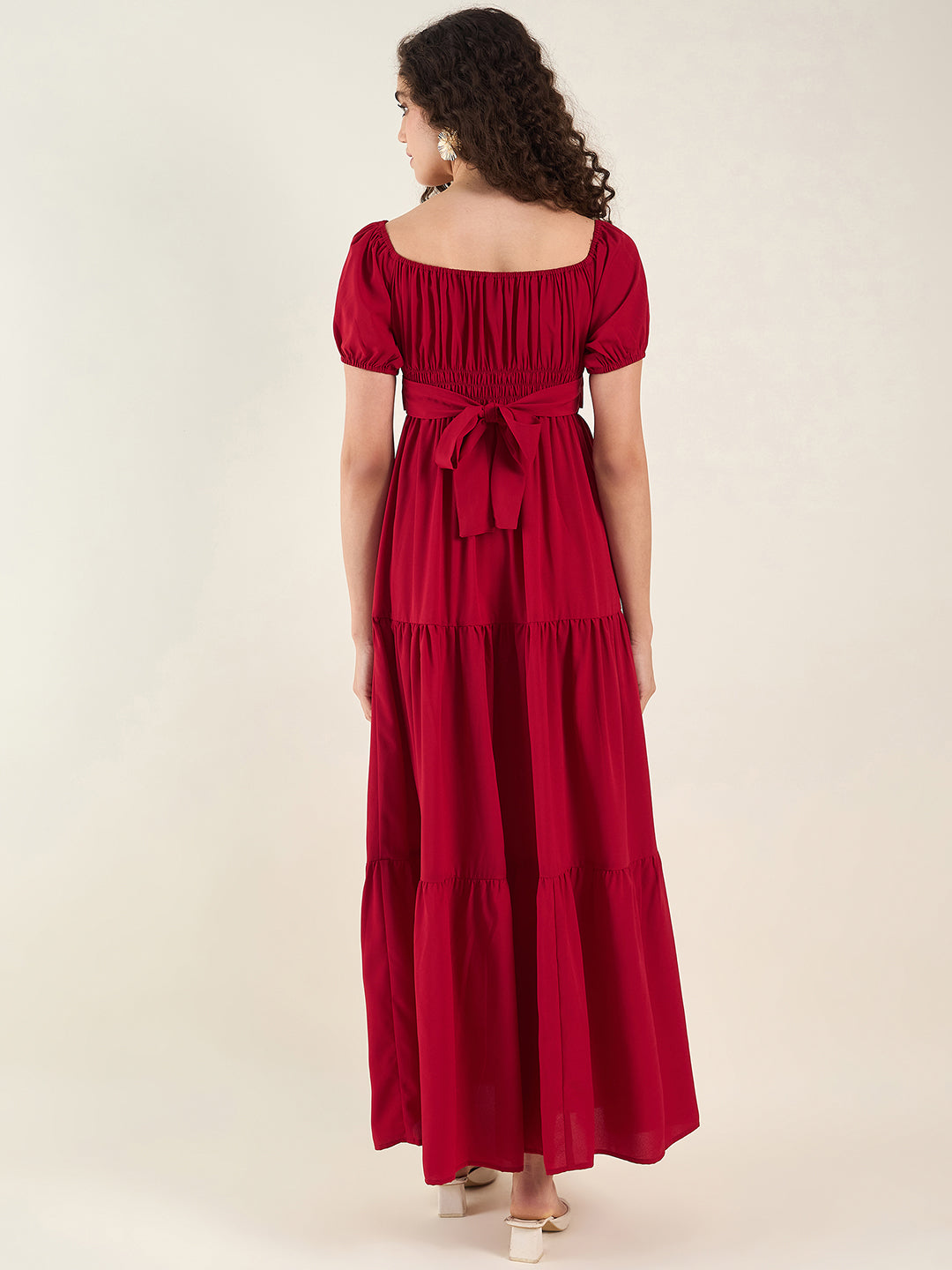 Puff Sleeve Square Neck Tie-Waist Maxi Dress