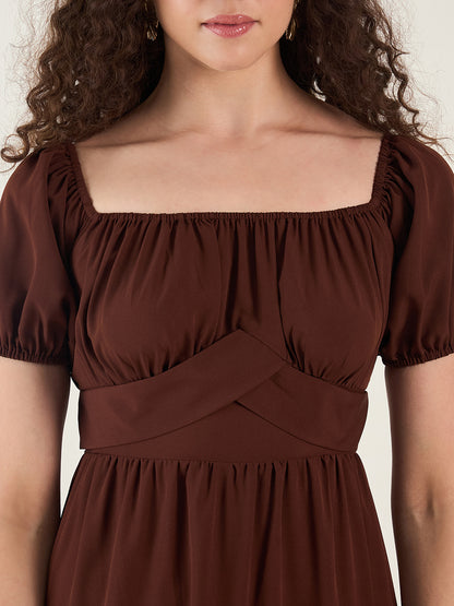 Puff Sleeve Square Neck Tie-Waist Maxi Dress