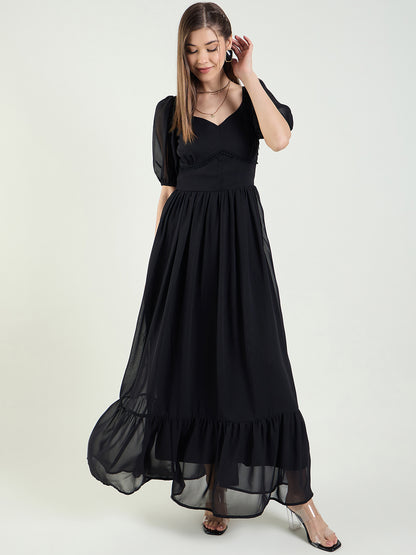 Puff Sleeve Sweetheart Maxi Dress with Ruffle Hem