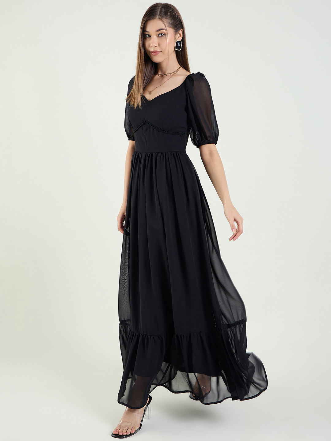 Puff Sleeve Sweetheart Maxi Dress with Ruffle Hem