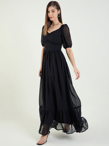 Puff Sleeve Sweetheart Maxi Dress with Ruffle Hem