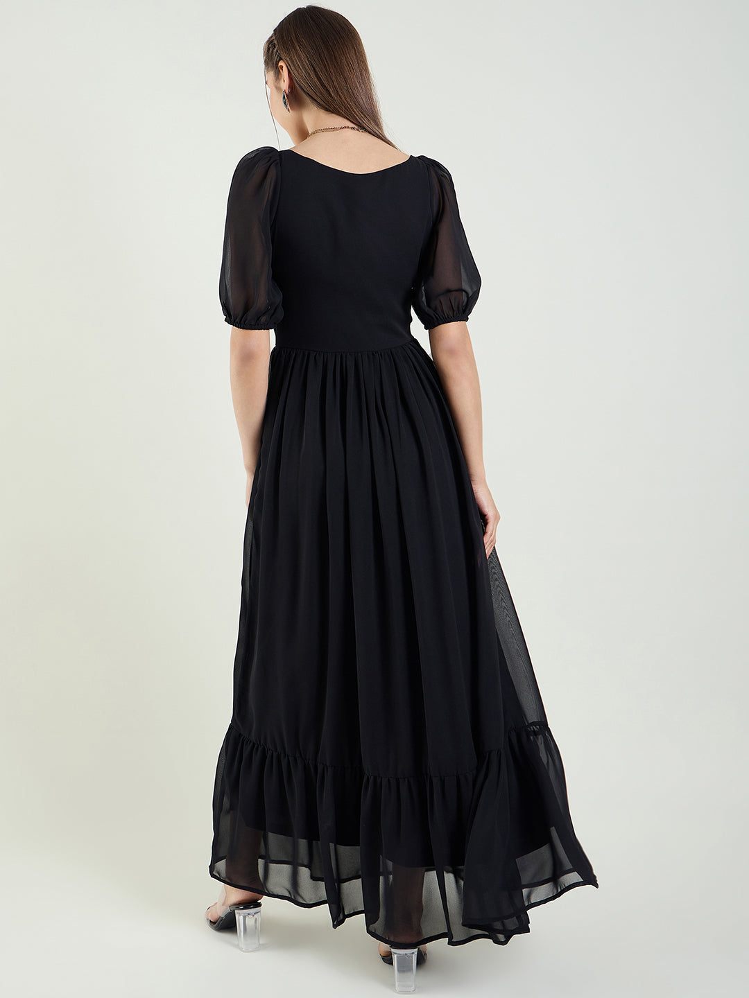 Puff Sleeve Sweetheart Maxi Dress with Ruffle Hem