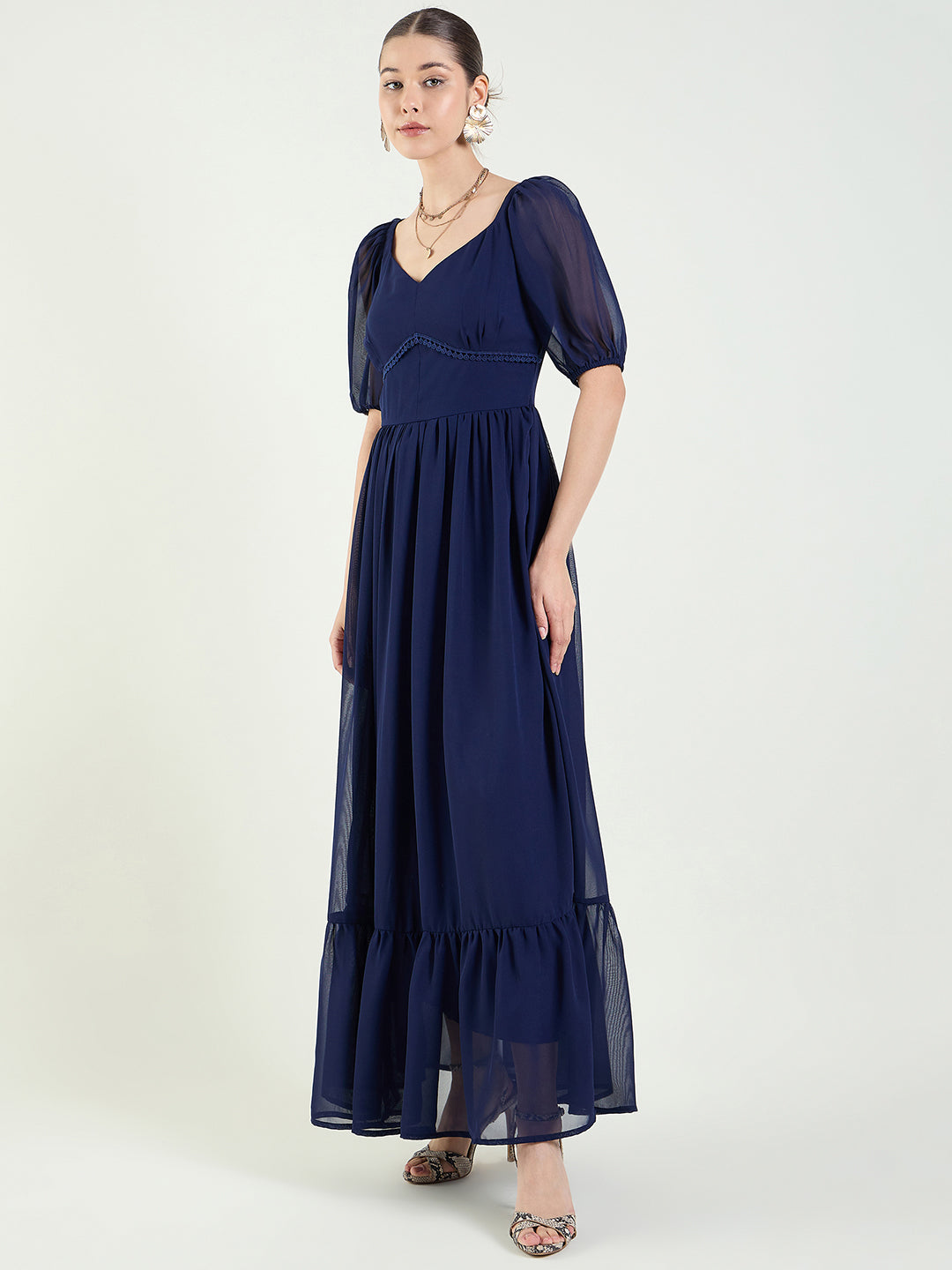 Puff Sleeve Sweetheart Maxi Dress with Ruffle Hem