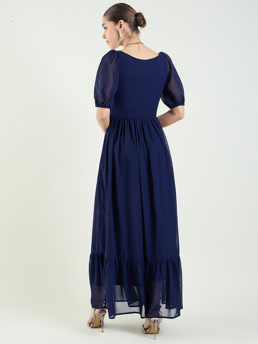 Puff Sleeve Sweetheart Maxi Dress with Ruffle Hem