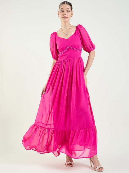 Puff Sleeve Sweetheart Maxi Dress with Ruffle Hem