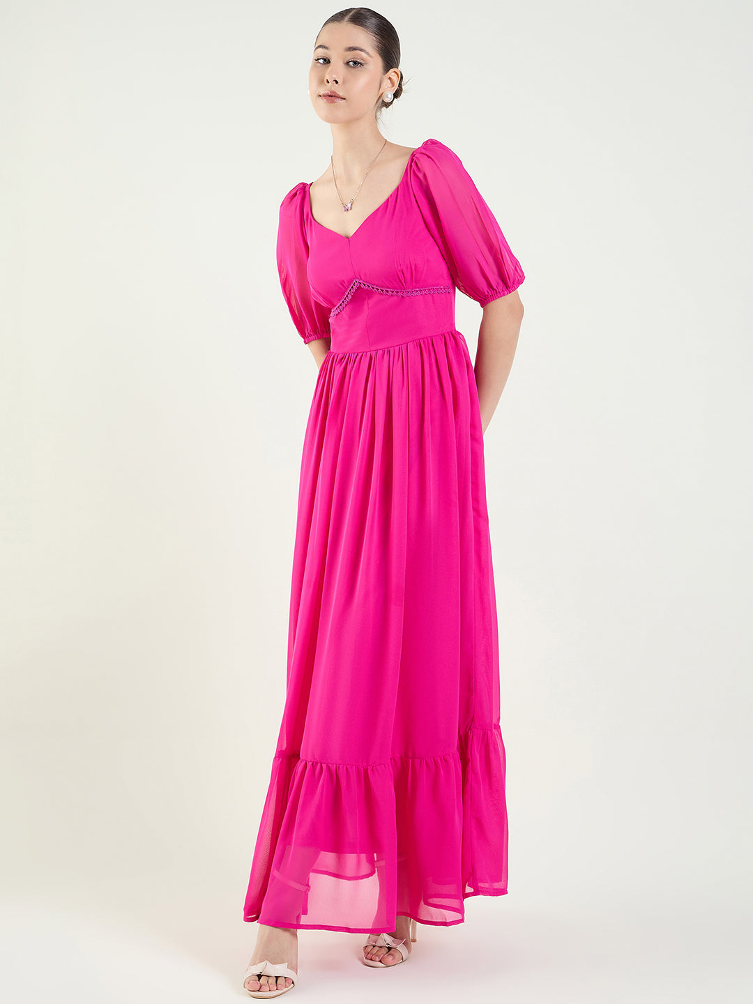 Puff Sleeve Sweetheart Maxi Dress with Ruffle Hem