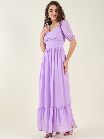 Puff Sleeve Sweetheart Maxi Dress with Ruffle Hem
