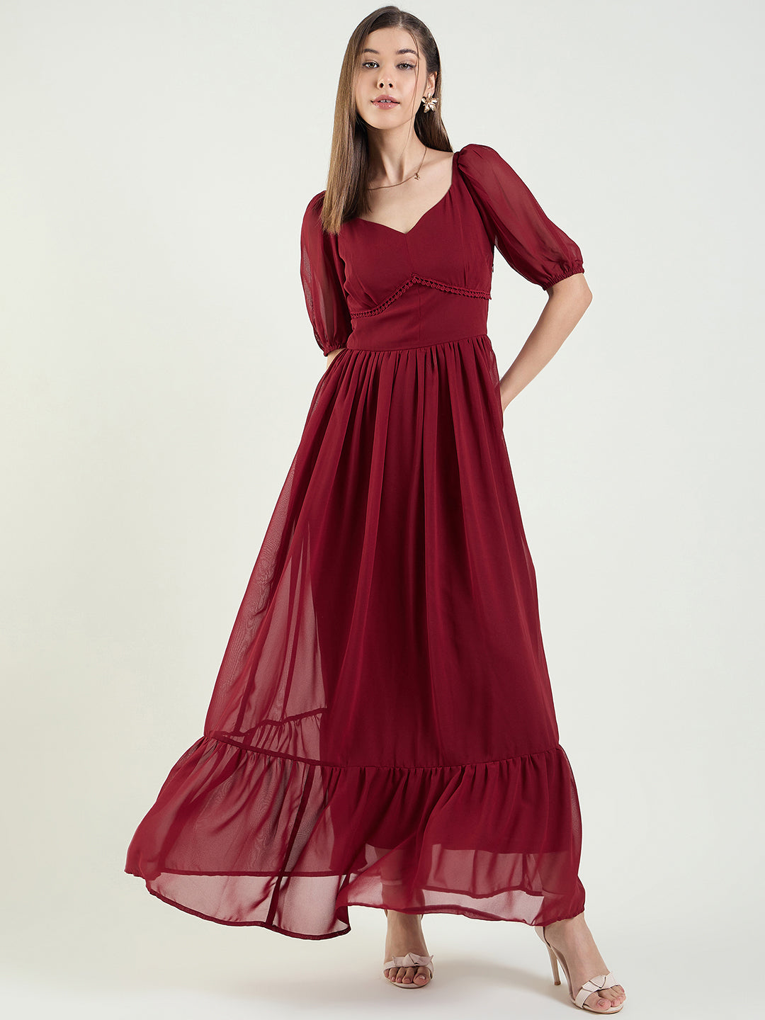 Puff Sleeve Sweetheart Maxi Dress with Ruffle Hem