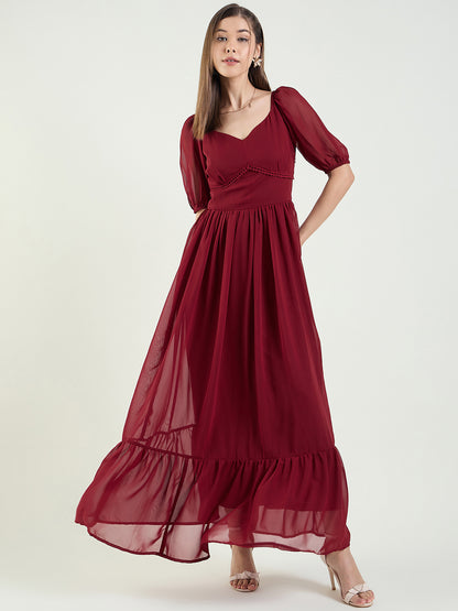 Puff Sleeve Sweetheart Maxi Dress with Ruffle Hem