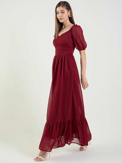 Puff Sleeve Sweetheart Maxi Dress with Ruffle Hem