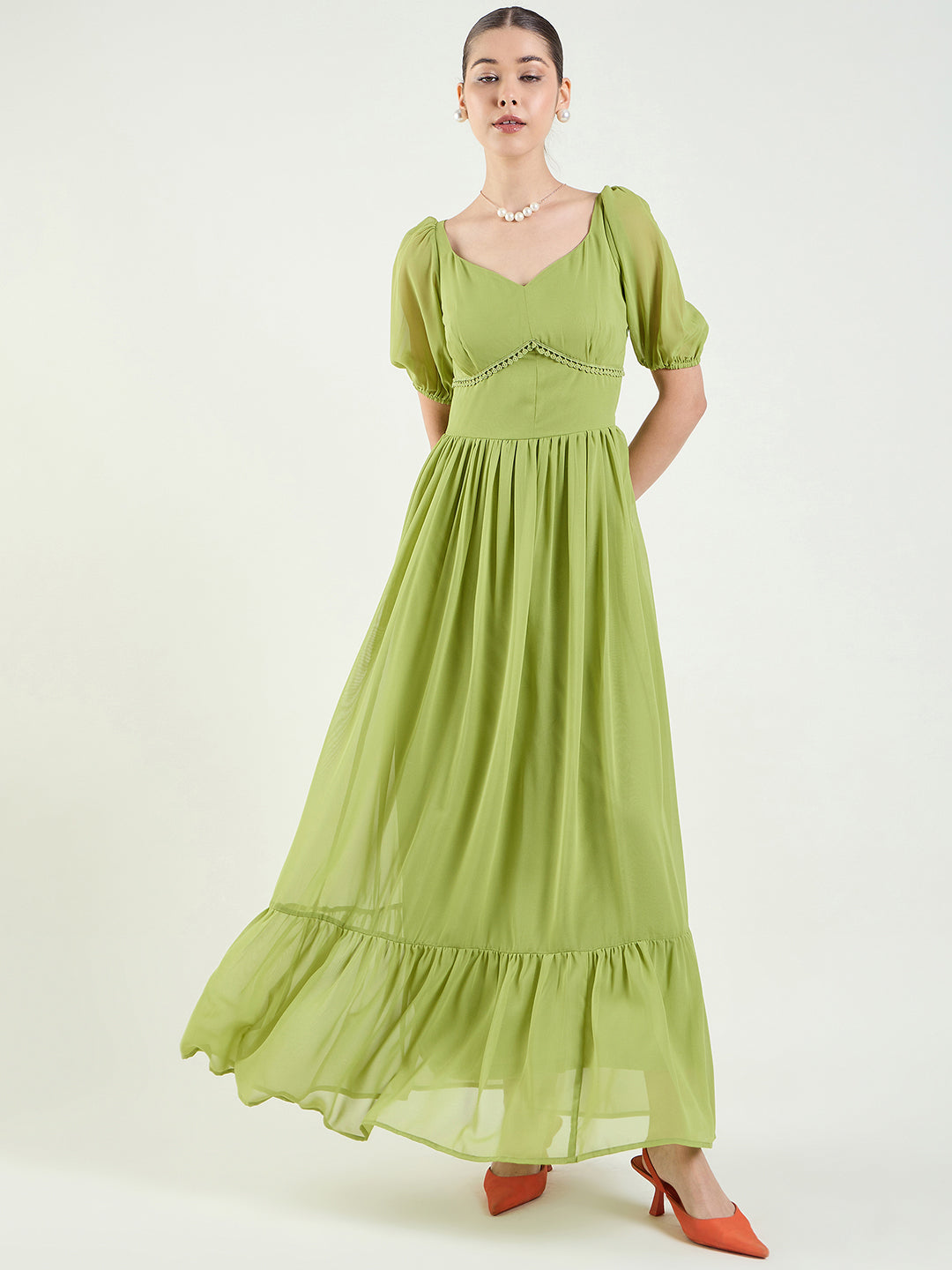 Puff Sleeve Sweetheart Maxi Dress with Ruffle Hem