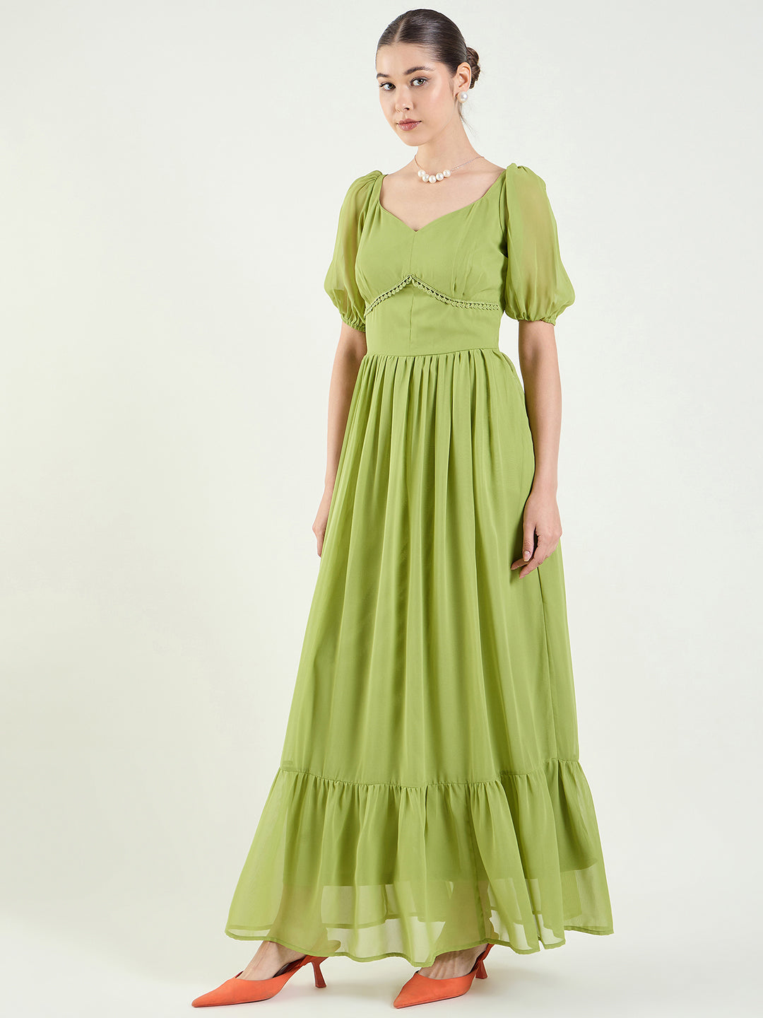 Puff Sleeve Sweetheart Maxi Dress with Ruffle Hem
