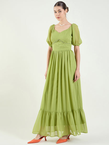Puff Sleeve Sweetheart Maxi Dress with Ruffle Hem