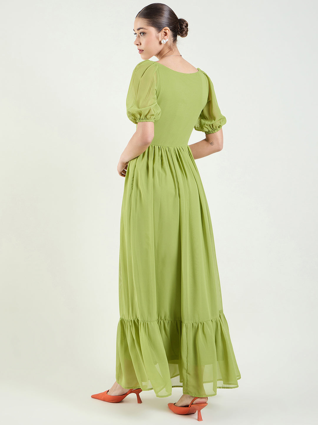 Puff Sleeve Sweetheart Maxi Dress with Ruffle Hem
