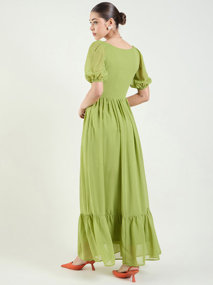 Puff Sleeve Sweetheart Maxi Dress with Ruffle Hem