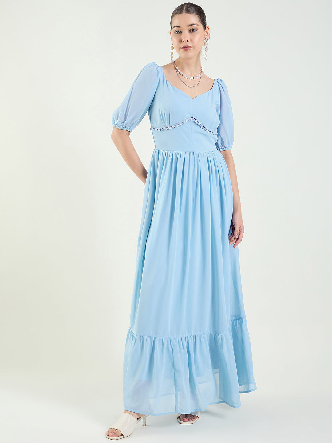 Puff Sleeve Sweetheart Maxi Dress with Ruffle Hem