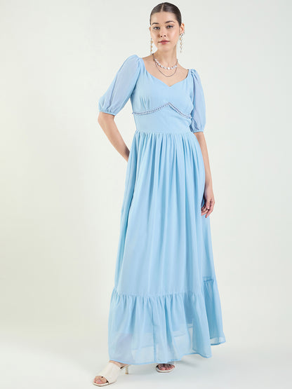 Puff Sleeve Sweetheart Maxi Dress with Ruffle Hem