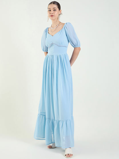 Puff Sleeve Sweetheart Maxi Dress with Ruffle Hem