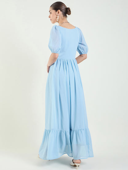 Puff Sleeve Sweetheart Maxi Dress with Ruffle Hem