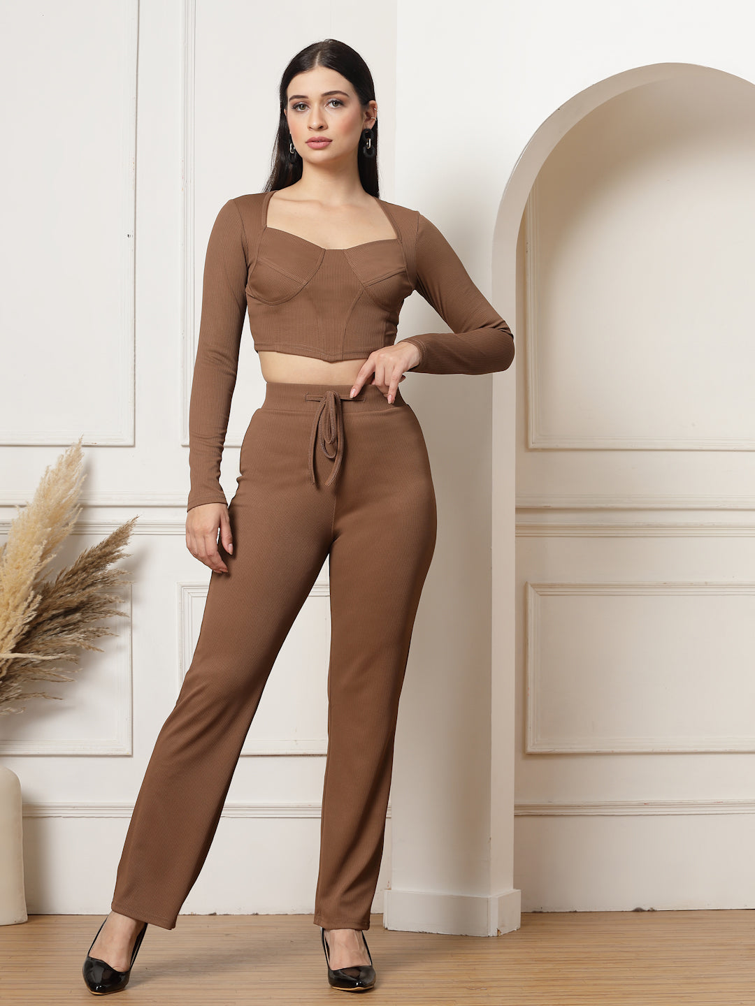 Ribbed Sweetheart Crop Top and Trouser Co-ord Set