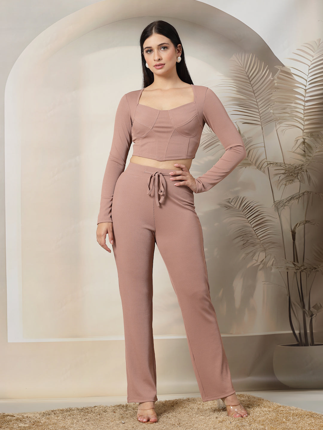 Ribbed Sweetheart Crop Top and Trouser Co-ord Set