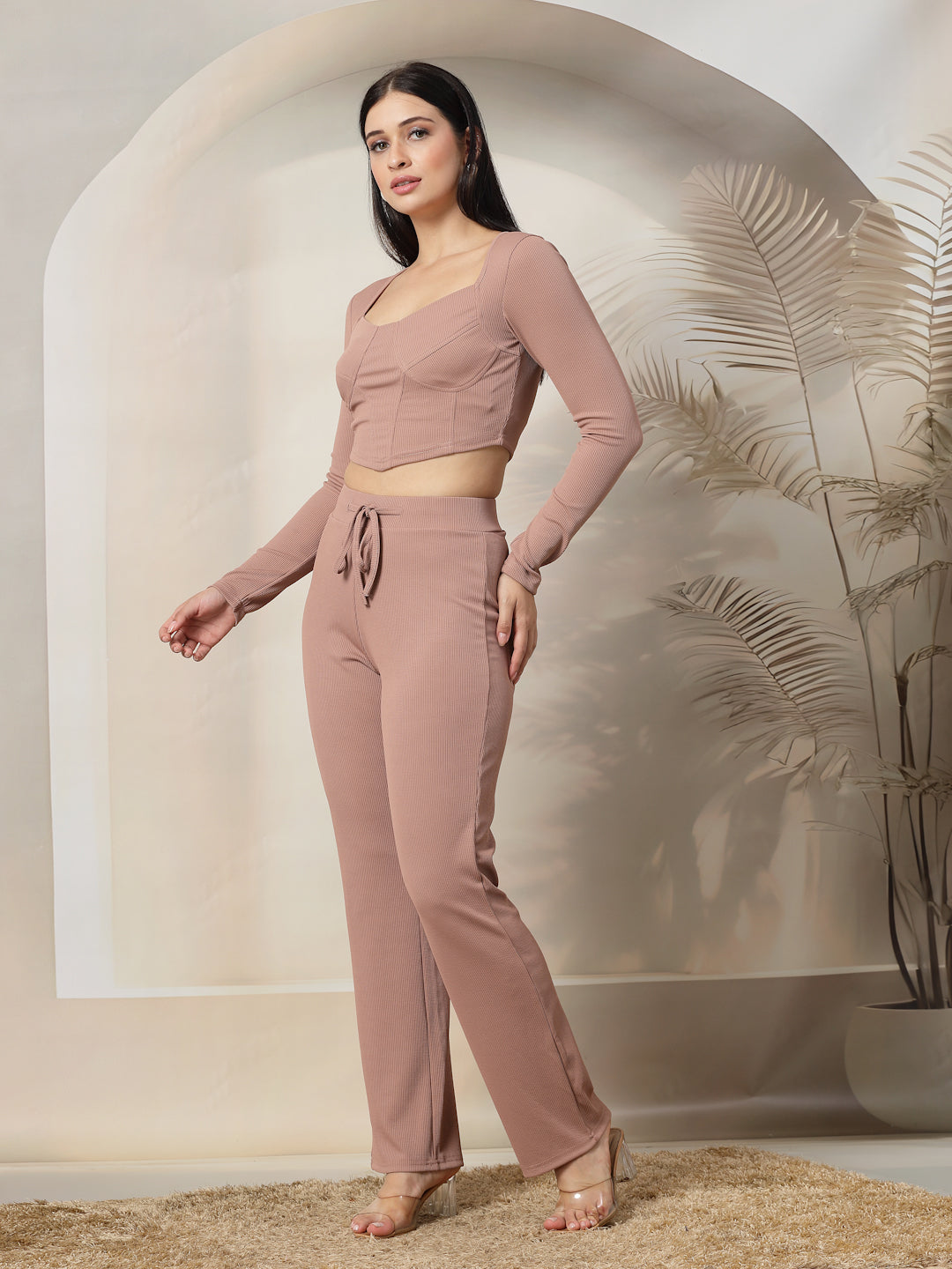 Ribbed Sweetheart Crop Top and Trouser Co-ord Set