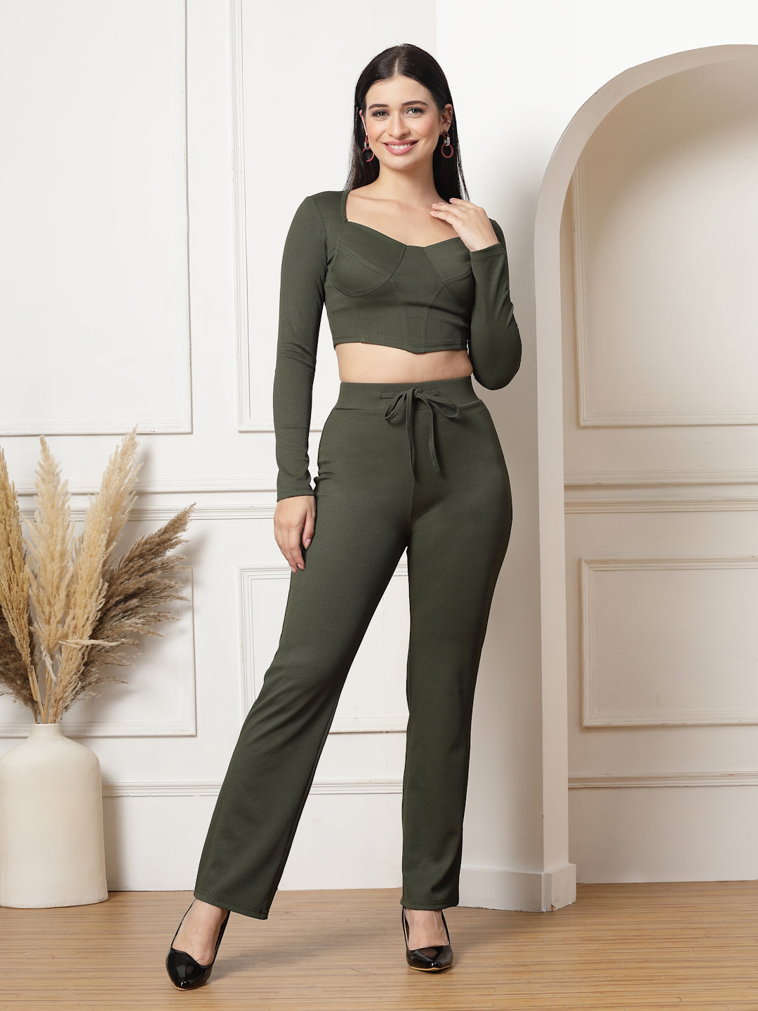Ribbed Sweetheart Crop Top and Trouser Co-ord Set