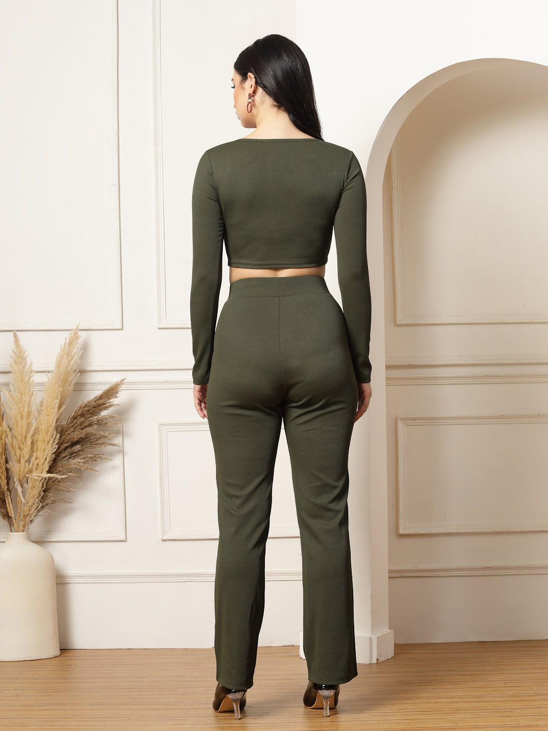 Ribbed Sweetheart Crop Top and Trouser Co-ord Set