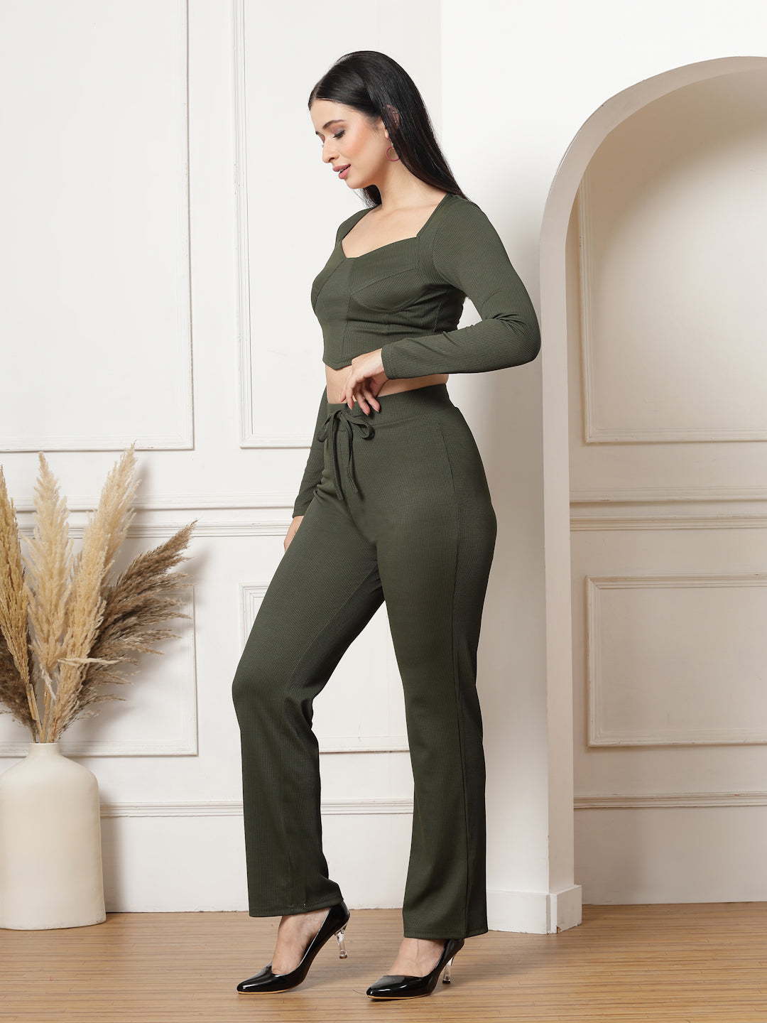Ribbed Sweetheart Crop Top and Trouser Co-ord Set