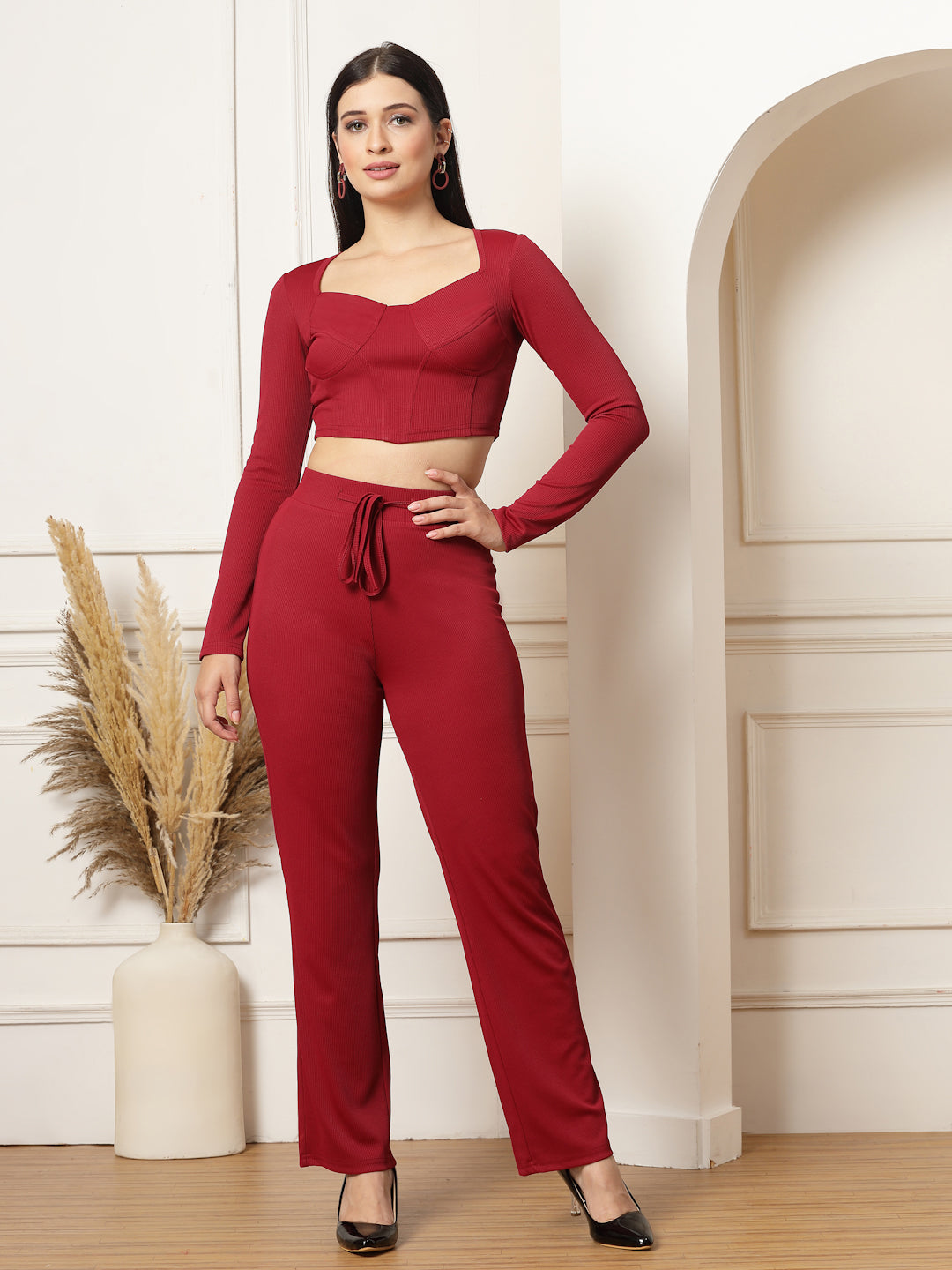 Ribbed Sweetheart Crop Top and Trouser Co-ord Set