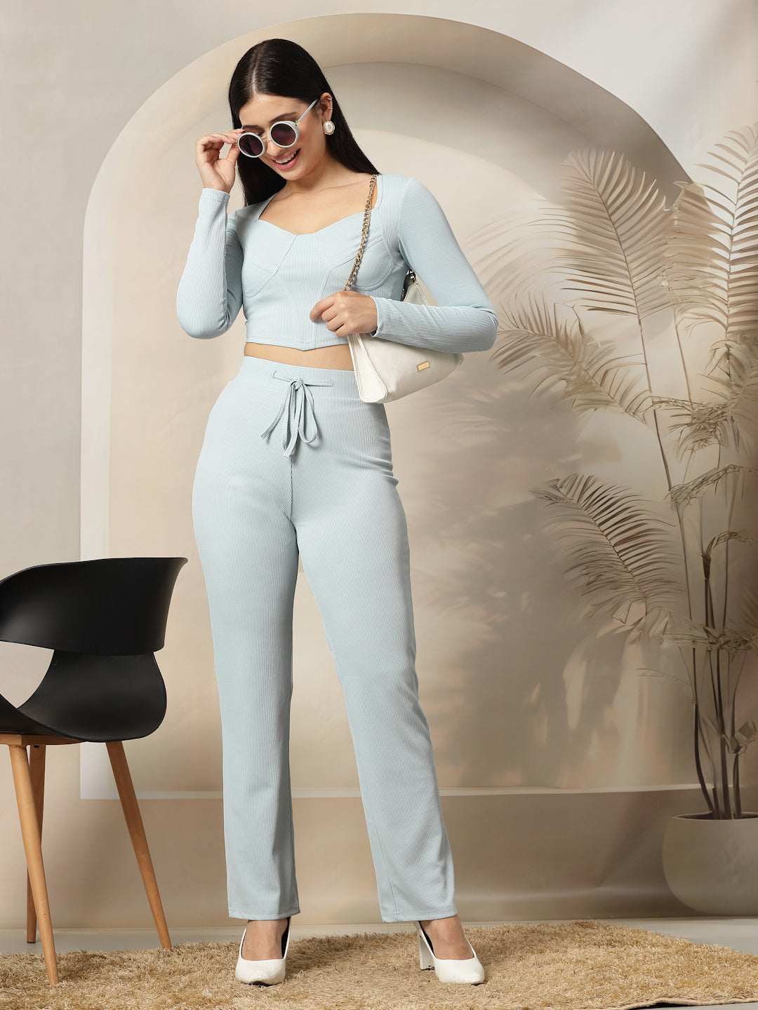 Ribbed Sweetheart Crop Top and Trouser Co-ord Set