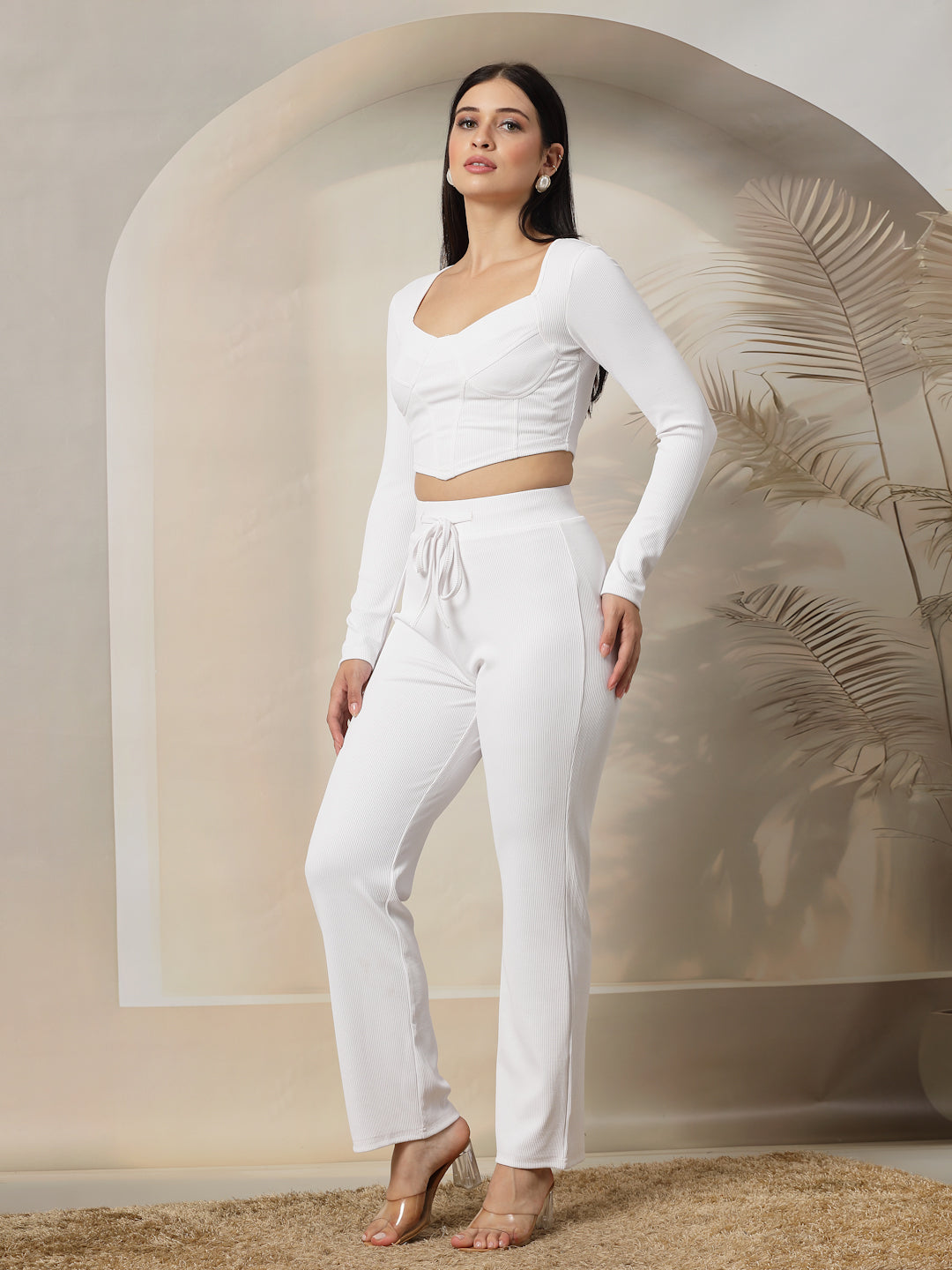 Ribbed Sweetheart Crop Top and Trouser Co-ord Set