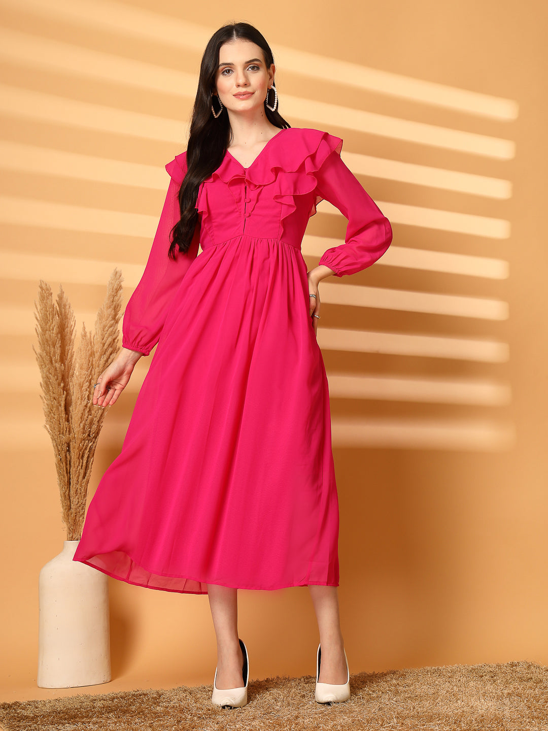 Ruffle V-Neck Midi Fit & Flare Dress