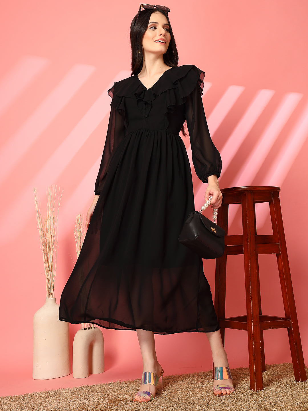 Ruffle V-Neck Midi Fit & Flare Dress