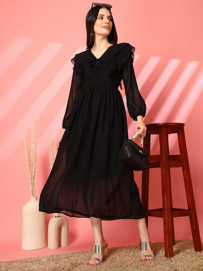 Ruffle V-Neck Midi Fit & Flare Dress