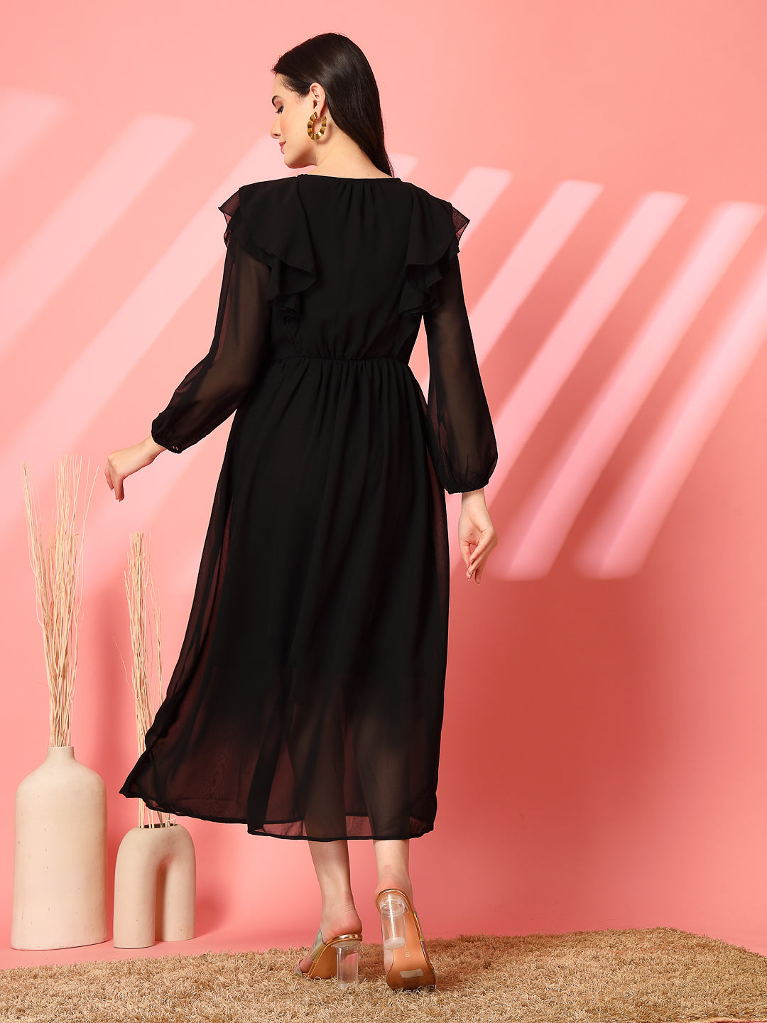 Ruffle V-Neck Midi Fit & Flare Dress