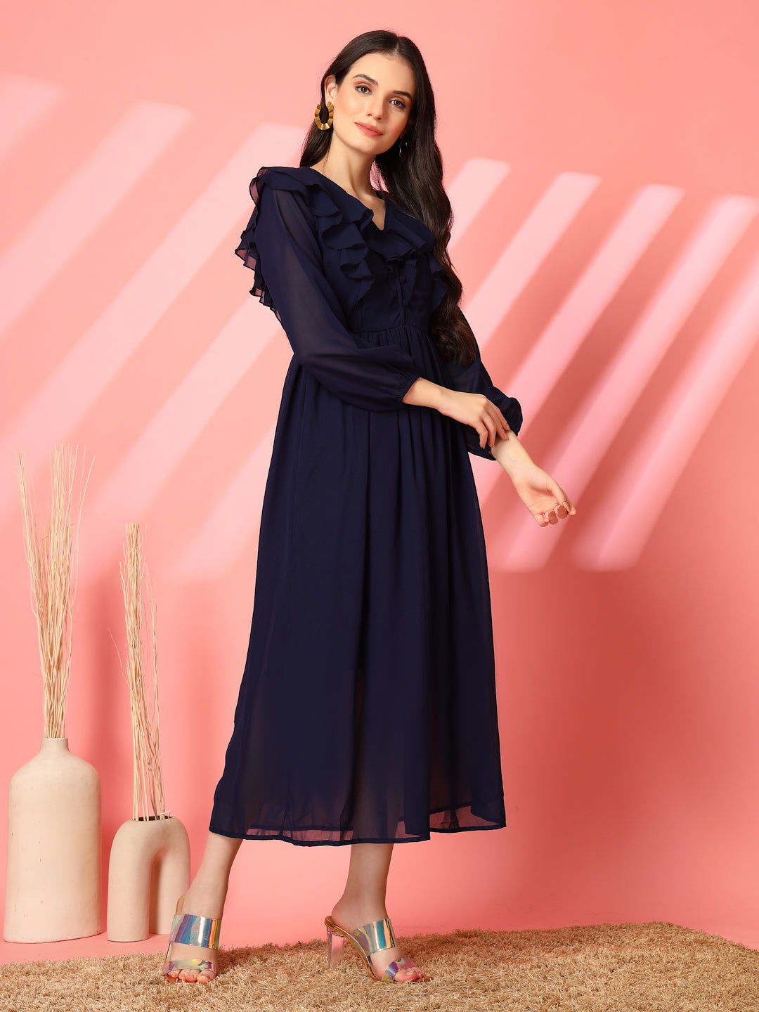 Ruffle V-Neck Midi Fit & Flare Dress