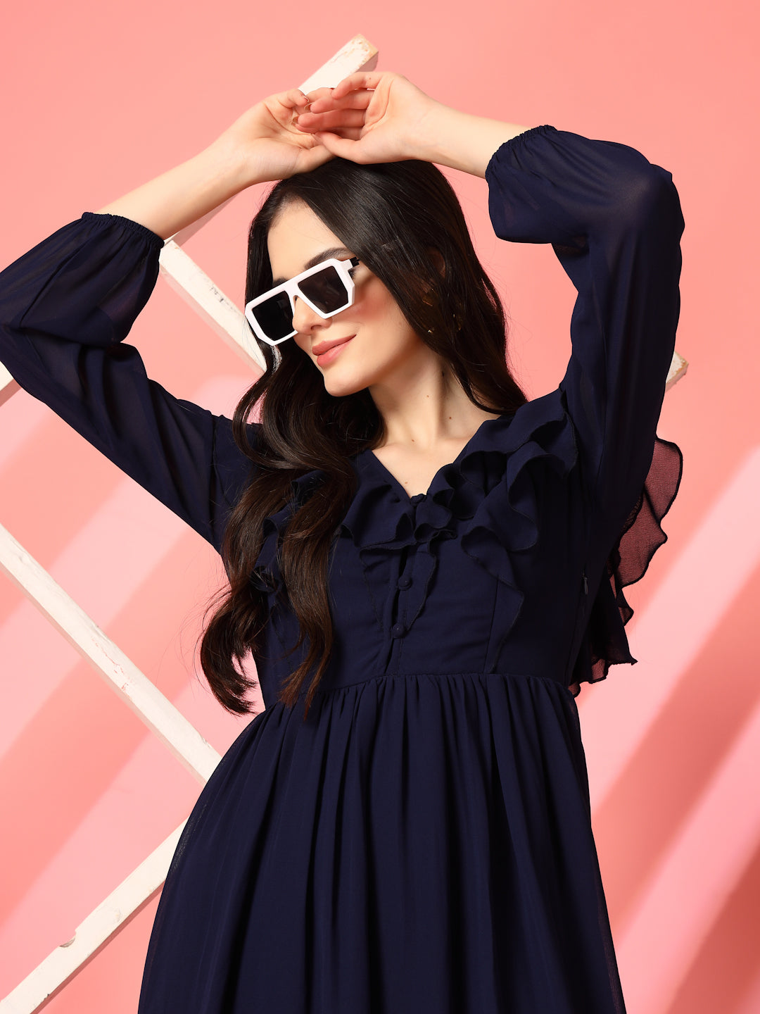 Ruffle V-Neck Midi Fit & Flare Dress