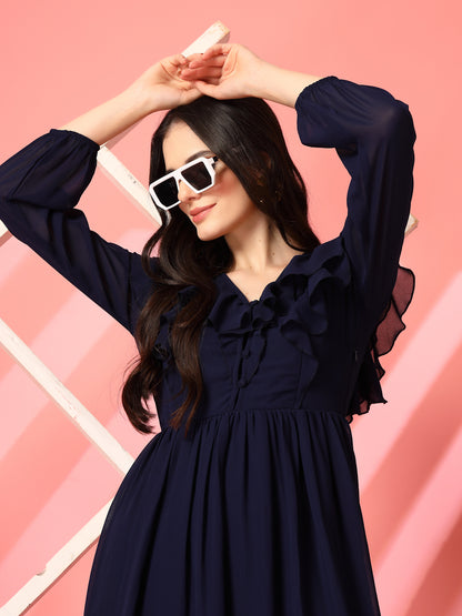 Ruffle V-Neck Midi Fit & Flare Dress