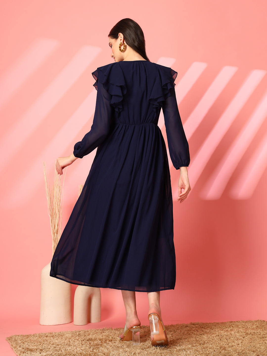 Ruffle V-Neck Midi Fit & Flare Dress