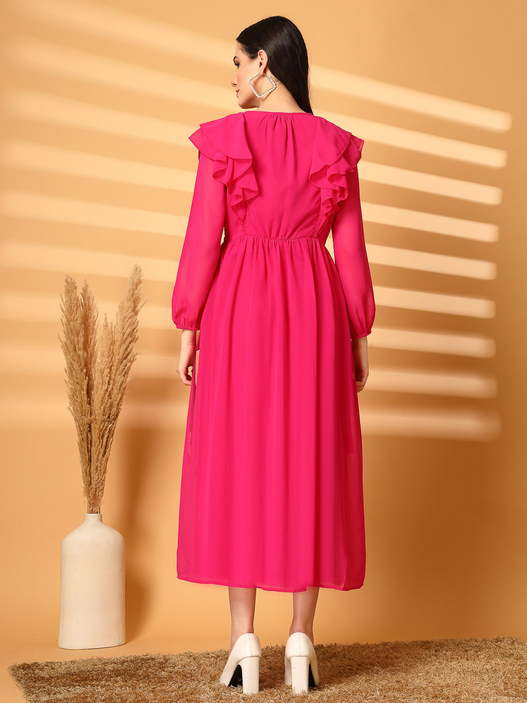 Ruffle V-Neck Midi Fit & Flare Dress