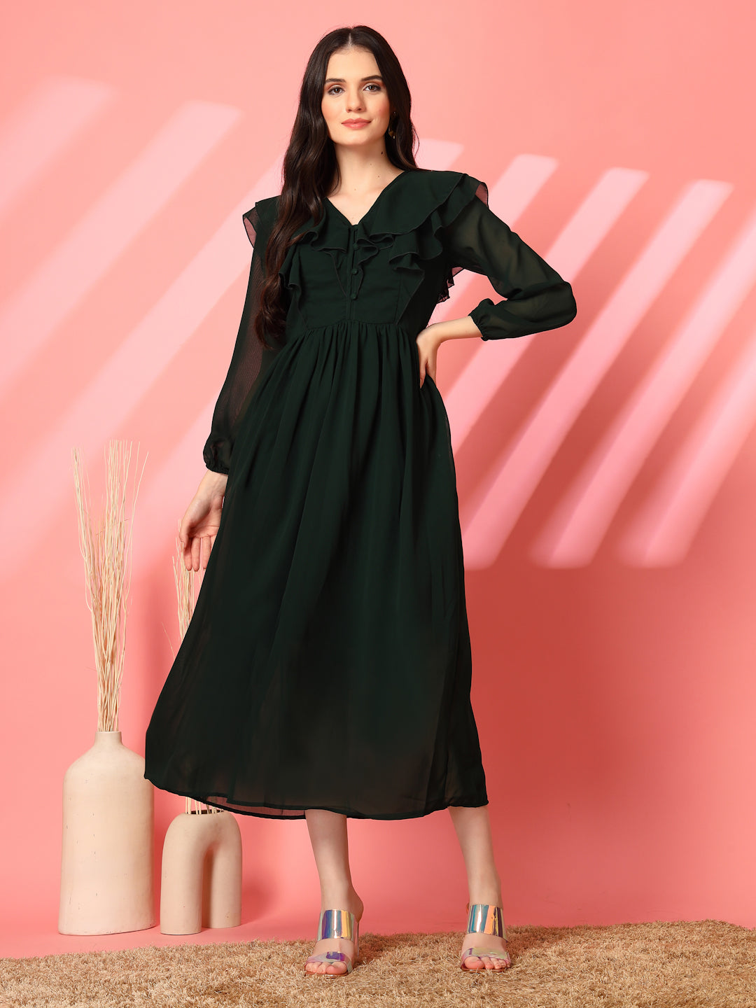 Ruffle V-Neck Midi Fit & Flare Dress