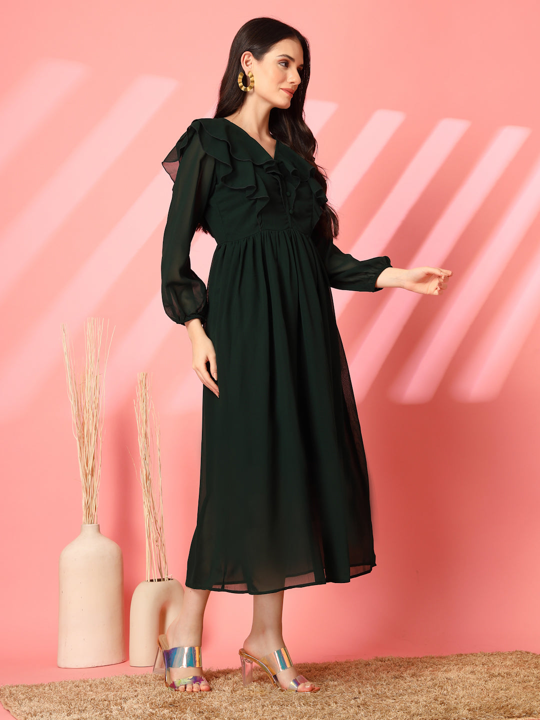 Ruffle V-Neck Midi Fit & Flare Dress