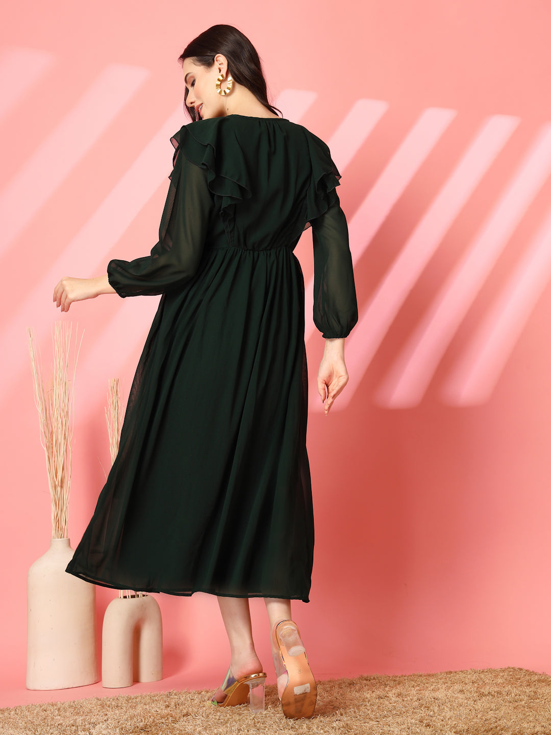 Ruffle V-Neck Midi Fit & Flare Dress