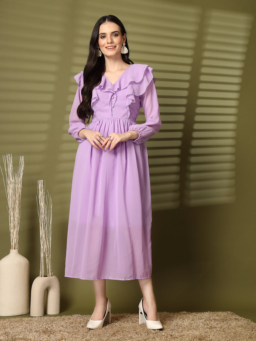 Ruffle V-Neck Midi Fit & Flare Dress